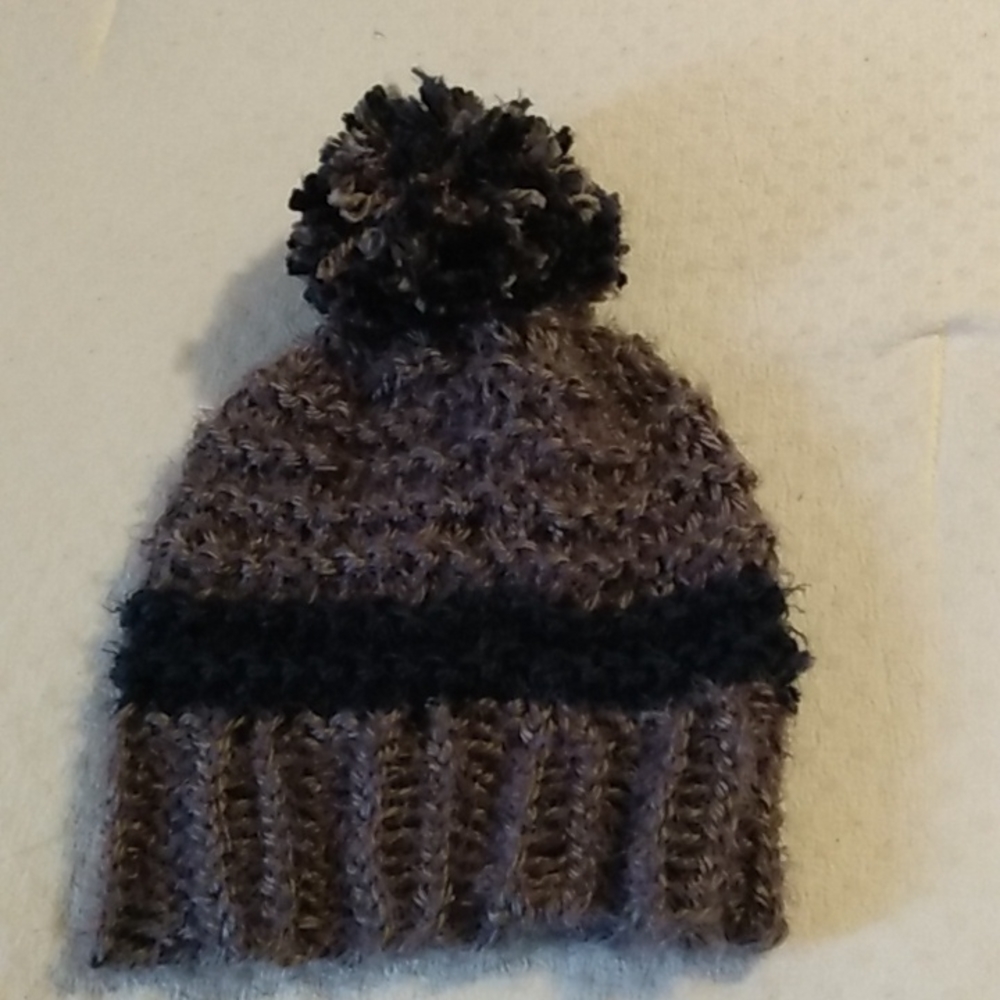 Hand-knit navy and gray hat